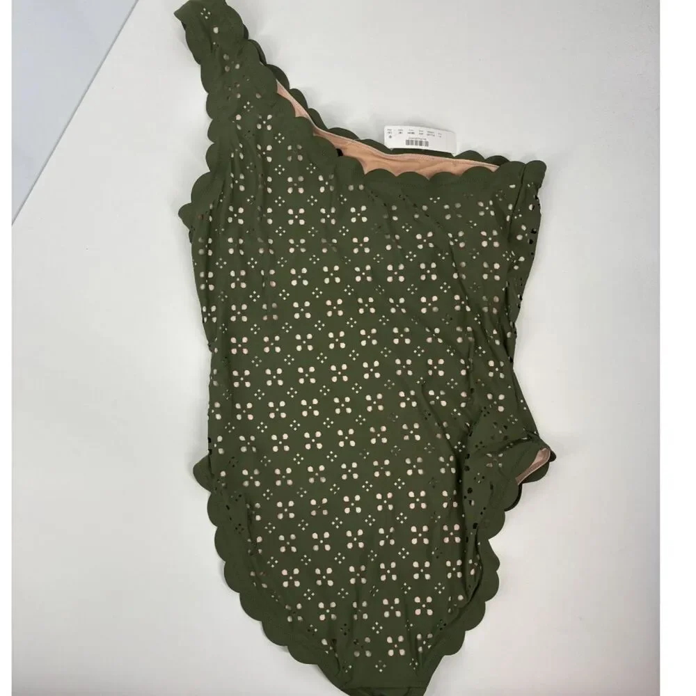 One Shoulder One Piece Olive Green Scallop Trim Swimsuit